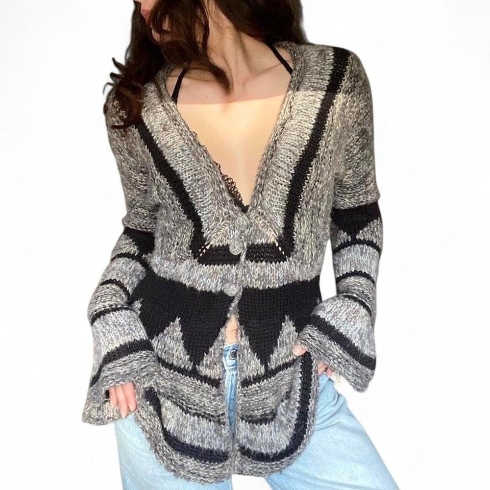 Free People Grey Black Geometric Wool Alpaca Blend Chunky Knit Cardigan Grunge S